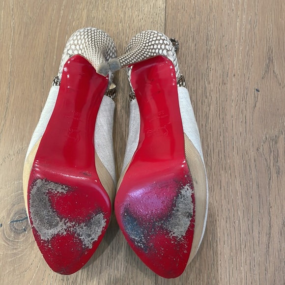 Christian Louboutin Fine Bretelle 140 Naturalle Rocco’s Snakeskin Canvas Heels - Picture 5 of 8